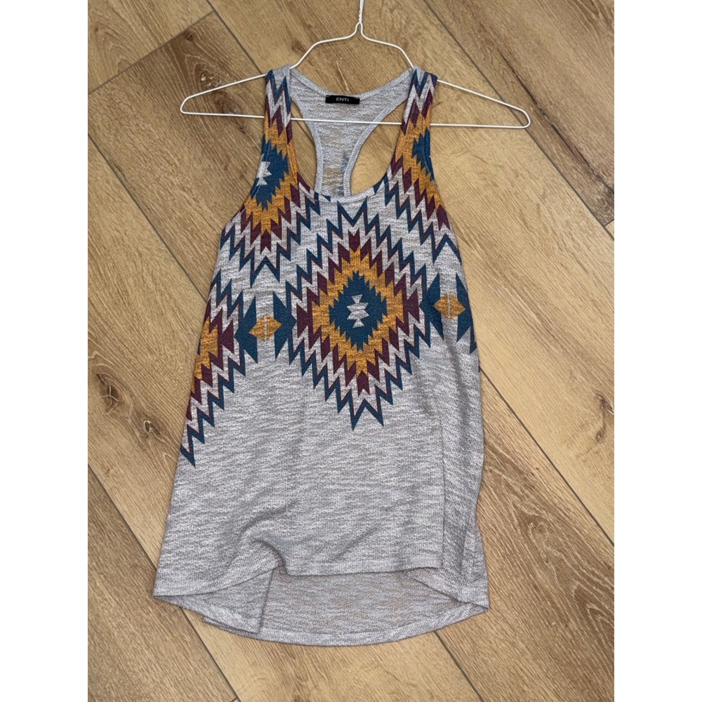 ENTI Womens Southwestern Geometric Racerback Tank Top Grey Boho Tribal Print